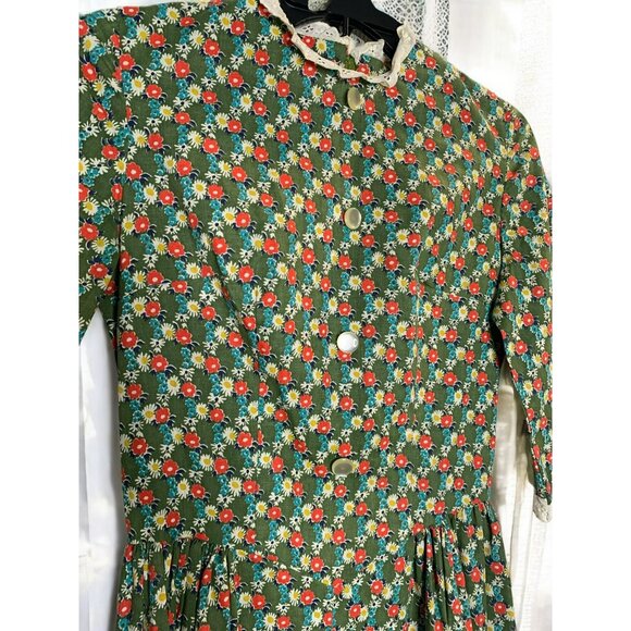 Handmade 70s Prairie Green Floral Cottagecore Farm Dress Lace Trim Button - Picture 2 of 16